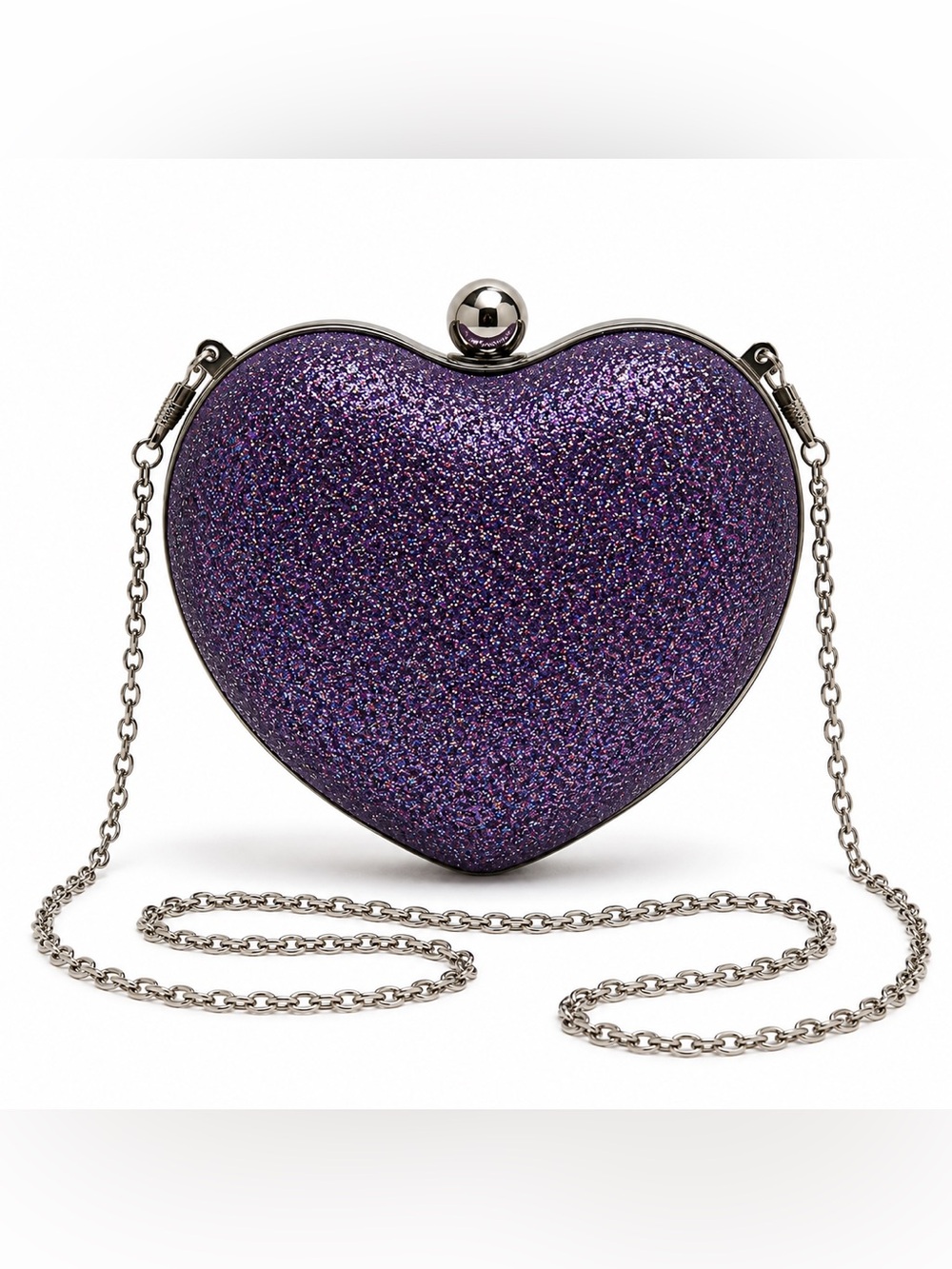 Purple Glitter Heart Clutch Crossbody Evening Bag Silver Chain Sparkly